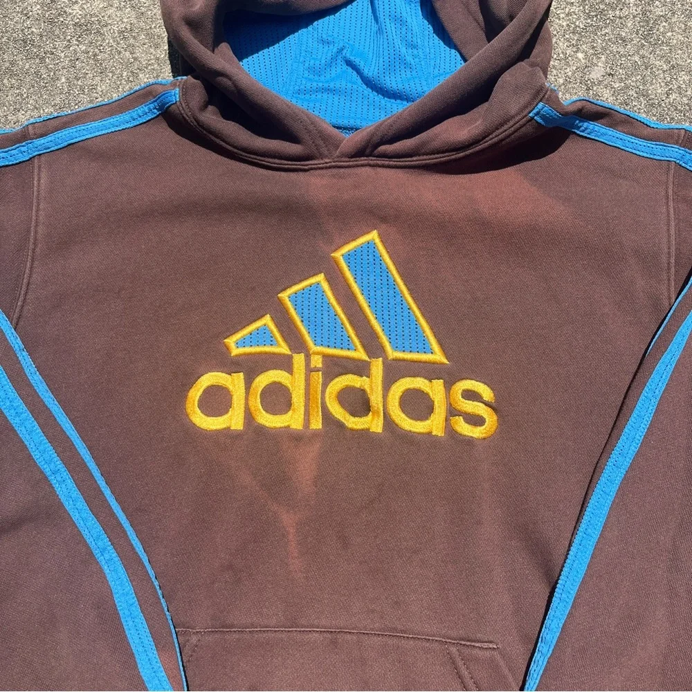Y2K Brown and Blue Adidas Hoodie Size Large Used 2000s Mesh Hood - Picture 2 of 4